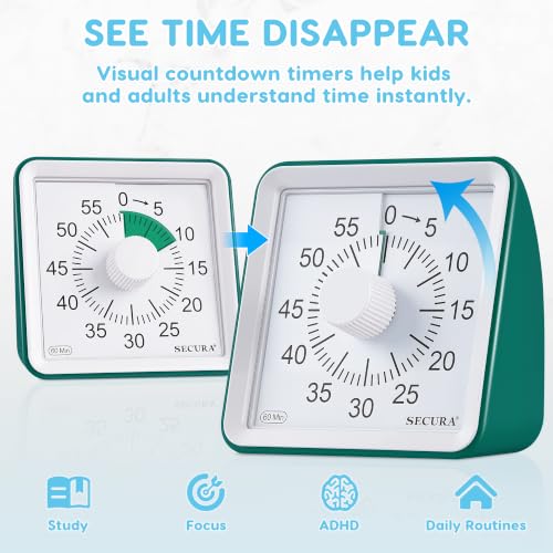 Secura Visual Timer for Kids, 60 Minute Classroom Countdown Timer for Study - color: Dark Green & Dark Green