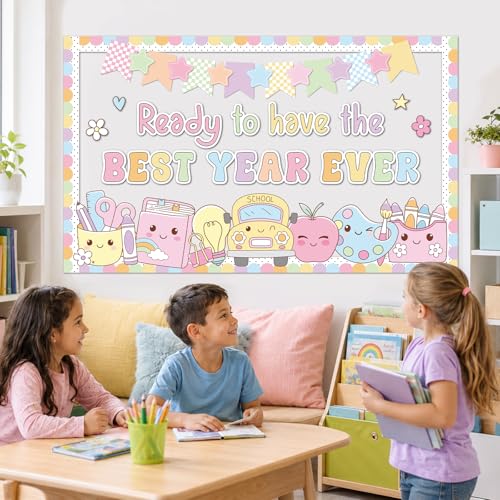 Back to School Bulletin Board Set Ready to Have the Best Year Ever Classroom Decorations Pastel Groovy Apple Motivational Paper Cutouts for First Day of School Chalkboard Wall Door Decor - style: Ready to Have the Best Year Ever