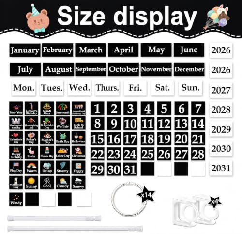 96 Cards Classroom Bulletin Board Decorations Set for Teachers,Flip Calendar with Holder for Classroom,Adjustable Calendar,Preschool Elementary Home Decor Supplies（Black and White） - style: Black and White