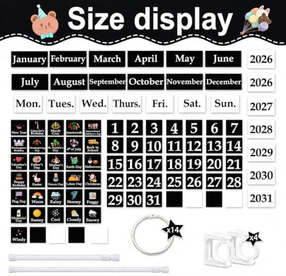 96 Cards Classroom Bulletin Board Decorations Set for Teachers,Flip Calendar with Holder for Classroom,Adjustable Calendar,Preschool Elementary Home Decor Supplies（Black and White） - style: Black and White