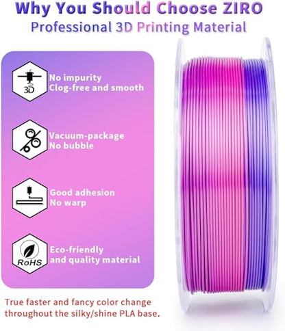 ZIRO Shining Fast Color Change PLA, Multicolors Filament 2.2lbs, Romantic - color: Romantic (Silky)