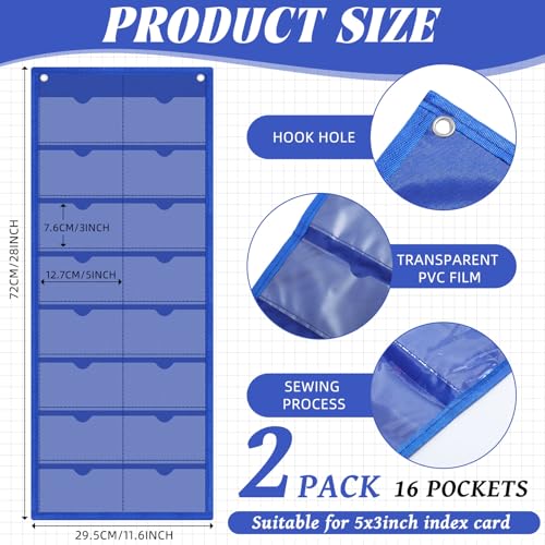 AmazingSpark 2 Pack 3'' x 5'' Index Card Holder Sleeve 16 Slot Plastic Organizer Hanging Wall Mount Business Note Cardholder PVC Clear Organizer Pocket for Classroom Office Library Home (Blue) - color: Blue