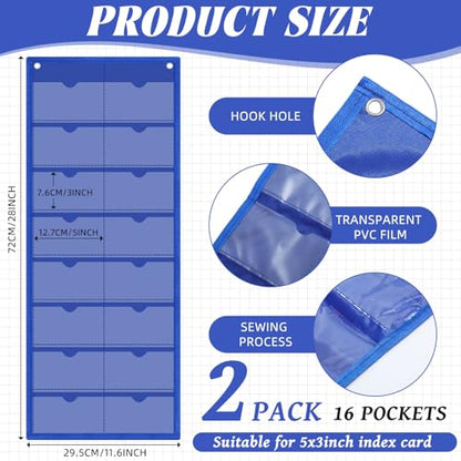 AmazingSpark 2 Pack 3'' x 5'' Index Card Holder Sleeve 16 Slot Plastic Organizer Hanging Wall Mount Business Note Cardholder PVC Clear Organizer Pocket for Classroom Office Library Home (Blue) - color: Blue