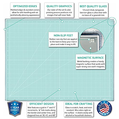 GLASSBOARD STUDIO Aqua Glass Craft Mat (13.5x18in) - Magnetic, Heat & Scratch Resistant, Stain-Proof for Crafting, Cutting, Painting, Mixed Media Artwork - Grid & Angle Lines, Non-Slip Feet - color: Aqua, size: 13.5"L x 18"W