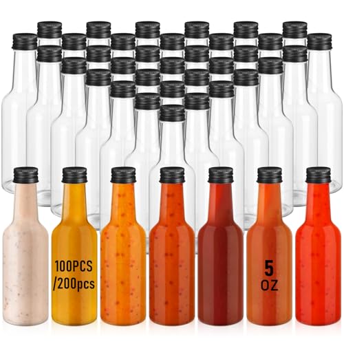 Zubebe 100 Pcs Hot Sauce Bottles Small Plastic Clear Woozy Bottles Empty with Leak Proof Black Screw Cap Mini Wine Liquor jars for Kitchen Sauce Salad Dressing Syrup Juice Whiskey (5 oz) - size: 5 oz