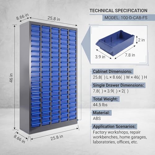 Plastic Drawer 100 Drawer Parts Cabinet, Small Parts Organizer with 100 Drawers, Industrial Tool Storage Cabinet for Garage, Workshop, Factory, Office