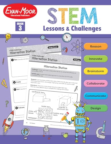 Evan-Moor Stem Lessons and Challenges, Grade 3 Homeschooling & Classroom Resource Workbook, Life, Earth and Physical Science Problem Solving, Peer Collaboration, Real-World, Visual Literacy, Printable