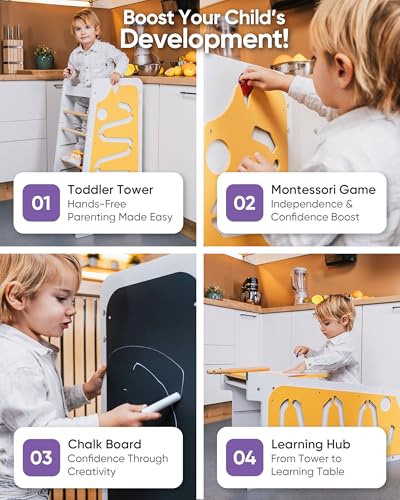 4in1 Toddler Standing Tower 3 Level Adjustable Height [Multifunctional] with Chalkboard, Montessori Inspired Games, Table & Learning Hub - Learning Tower for Kitchen from 18 Mo to 6 Yr - Ship from US