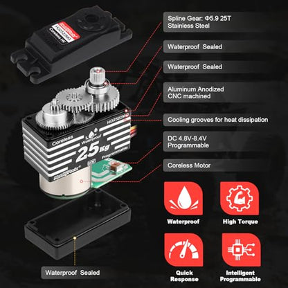 HobbyPark Pack of 2 Waterproof 345oz-in 25KG RC Servos Coreless Motor Metal Gears Standard Digital Servo for Arduino Robotics DIY 1/8 1/10 RC Car Truck Buggy Steering Servo Control Angle 180