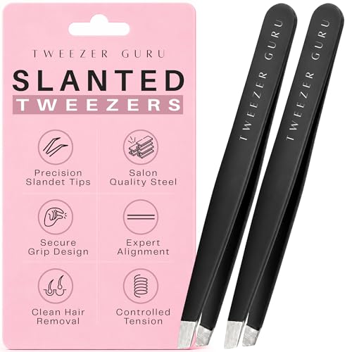 Tweezer Guru Tweezers for Women Facial Hair & Men – Precision Slant-Pointed Eyebrow Tweezer for Ingrown Hair, Blackhead & Splinter Removal (2 Black) - color: Black, size: 2 Count (Slant)