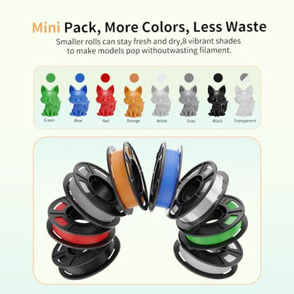 CREALITY 250g PETG Filament Bundle, 1.75mm 3D Printer Filament, 8 spools - color: Black+blue+white+grey+transparent+red+green+orange