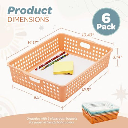 4E's Novelty 6 Pack Classroom Paper Baskets, Organizing Desk Boho Tray for A4 Papers, Classroom Storage Plastic Paper Bins, Fun Turn In Trays for Teachers and Students, Office Desk Room Trays