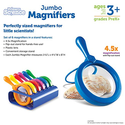Learning Resources Primary Science Jumbo Magnifiers with Stand - 6 Pieces, Ages 3+, Science Classroom Accessories, Teacher Supplies, Observation Toys for Kids, Back to School Supplies