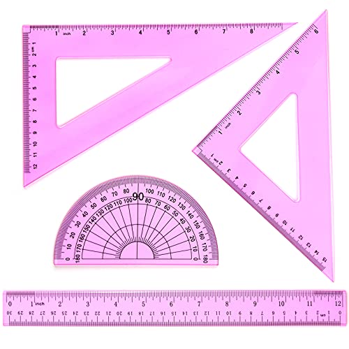 Coopay 4 Pcs Math Geometry Tool Set, Clear Acrylic Drawing Tool, Pink - color: Pinkish-Purple, size: 12 Inch