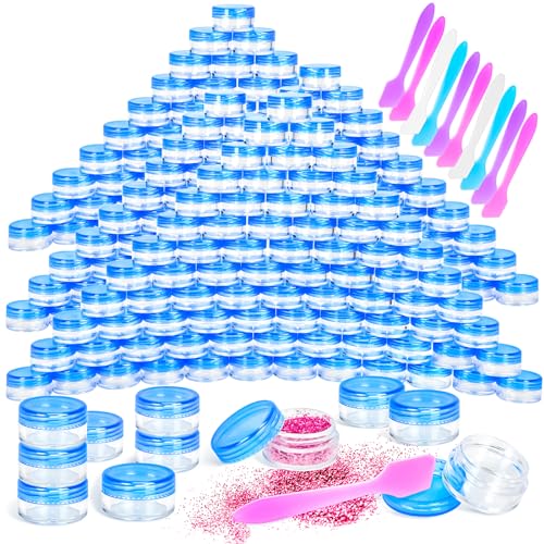 100 Pcs 5g Empty Plastic Containers with Blue Lids,Mini Makeup Sample Containers, Small Sample Pot Jars Round Cosmetic Jars with Mini Spatulas for Liquid Sample Powder Creams Lotions - color: Blue, size: 100PCS