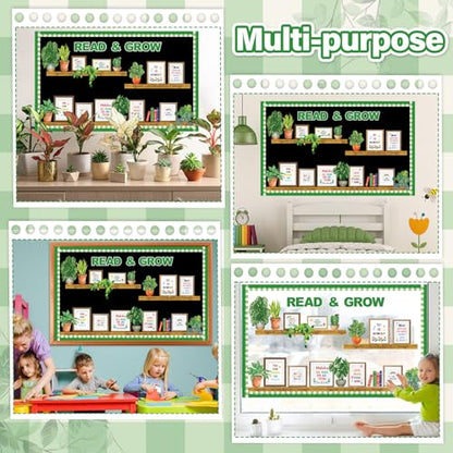 Plant Bookshelf Bulletin Board Set Read and Grow Motivational Greenery Classroom Decor Reading Library Back to School Positive Eucalyptus Potted Paper Cutouts for School Wall Decor Supplies - style: Plant Bookshelf