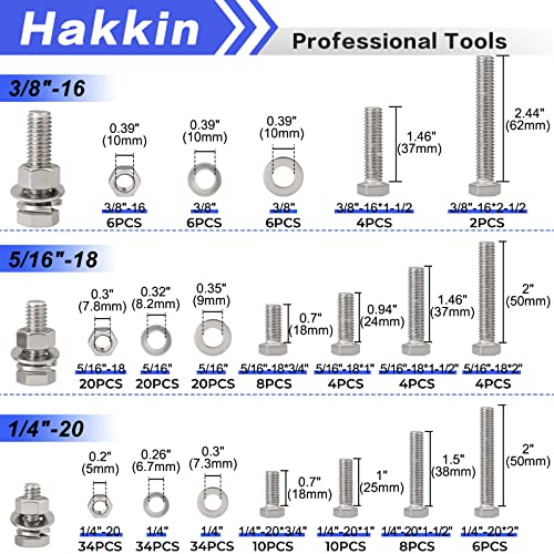 Hakkin 240Pcs Hex Bolts and Nuts Kit Stainless Steel Spring Washers Assortment Kit, 1/4" 5/16", 3/8" 10 SAE Sizes Machine Screws Set with Storage Case - size: A. 1/4 5/16 3/8