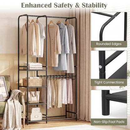 GIANTEX Clothes Rack with Pants Hangers, Heavy-Duty Metal Clothing Rack with 2 Hanging Rods & 4 Storage Shelves, Freestanding Garment Racks, Closet Organizer for Bedroom, Cloakroom (Black) - color: Black