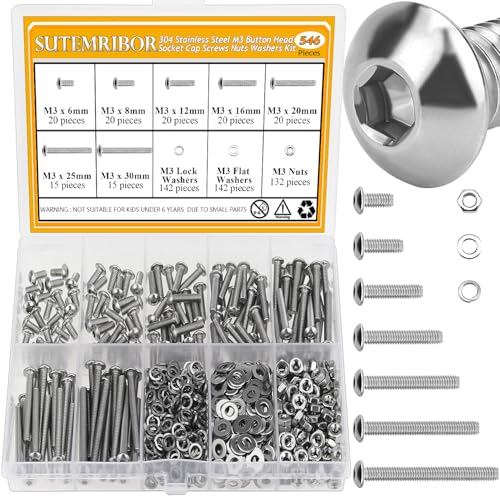 546 Pieces M3 Screws Nuts Washers Set, Sutemribor M3 x 6/8/12/16/20/25/30mm Button Head Socket Cap Screws Nuts Washers Assortment Kit, 304 Stainless Steel, Fully Threaded - size: M3, style: Button Head