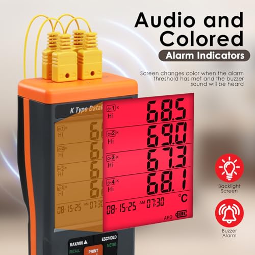 Digital Thermocouple Thermometer, 4 Channel Data Logger Thermometer with 48,000 Groups Data Records, -328~2498℉ Measuring Range Thermocouple Reader with Buzzer and Visible Alarm - color: Grey