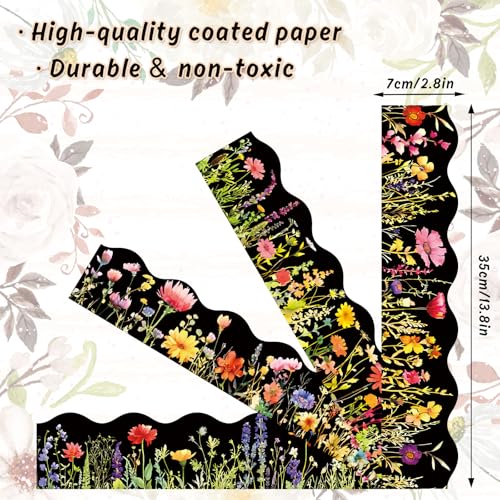 FYSUIMU 59.1 Ft Floral Bulletin Board Borders Black Wild Flower Scalloped Border Trim Sticker Decals for Home Classroom Spring Party Wall Decoration - style: Night Flower