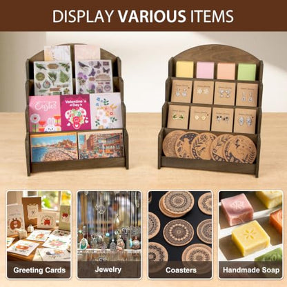 PUERSI Greeting Card Display Stand, Wooden 4-Tier Postcard Display Stand - color: Brown