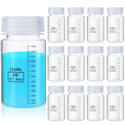 Tatuo 12 Pcs 4oz 125 ml Plastic Sample Bottles with Screw Cap, Liquid Containers with Lid for Lab Reagent Sample Medicine Pill Water Storage, Travel Bottles(Clear,Wide Mouth-Dark Scale) - color: Clear, size: 4 oz 125 ml, style: Wide Mouth-dark Scale
