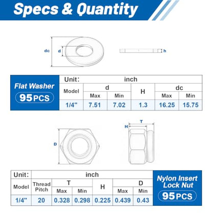 1/4-20 Lock Nut 190Pcs Stainless Steel Nylock Locking Nuts with Washer - size: locknuts-1/4" 190pcs