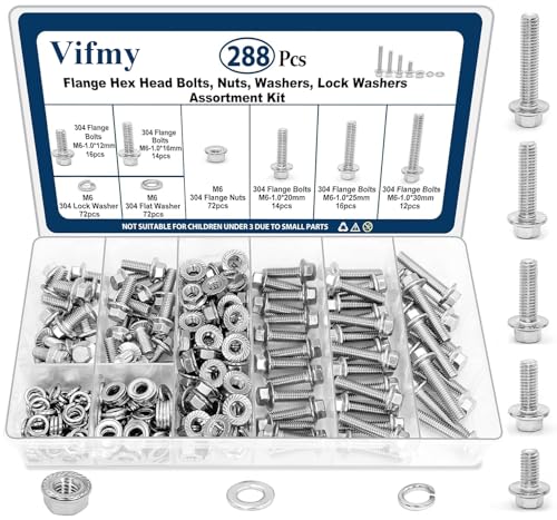 M6-1.0 Flange Bolt & Nut(12/16/20/25/30mm) Assortment Kit Stainless 288Pcs - size: SS Metric M6