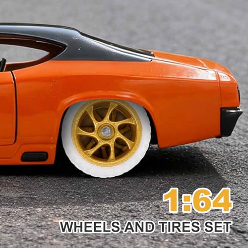 MECCANIXITY 4 Set 1/64 Wheels and Tires Set, Real Riders Rims Includes Axles for RC Diecast Car DIY Model, White with Gold 7-Spoke Rims, 11 x 5.2mm