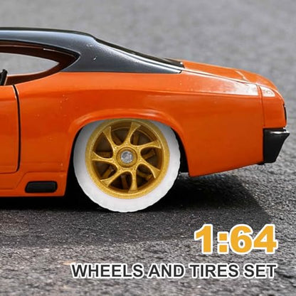 MECCANIXITY 4 Set 1/64 Wheels and Tires Set, Real Riders Rims Includes Axles for RC Diecast Car DIY Model, White with Gold 7-Spoke Rims, 11 x 5.2mm