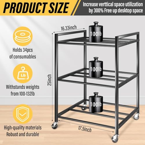 3D Printer Filament Storage Rack,Rolling Filament Spool Holders with Wheels,3-Tier Heavy Duty 3D Filament Storage Rack for PLA/ABS/TPU/Nylon,Filaments Organzied for Home,Office Workshop,Studio