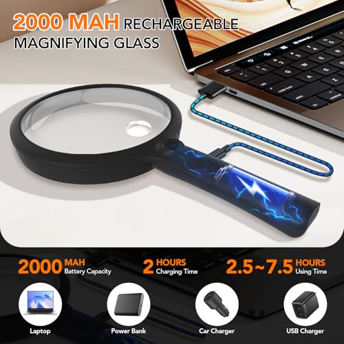 2000mah Rechargeable Handheld Magnifying Glass with 24 LED Lights, 5X 10x Reading Magnifier Large 5 inch Lens, 3 Light Modes for Seniors Reading, Inspection (Black) - color: Black