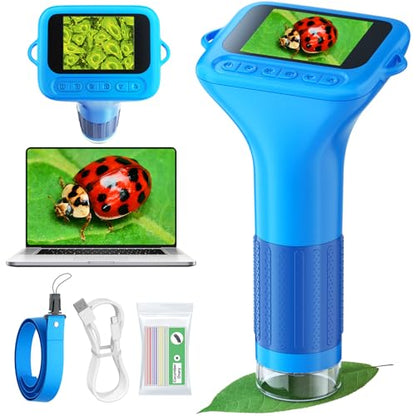Odatay 1000X Digital Kids Microscope Kit with 12 Slides & 2" Screen, Blue - color: Blue