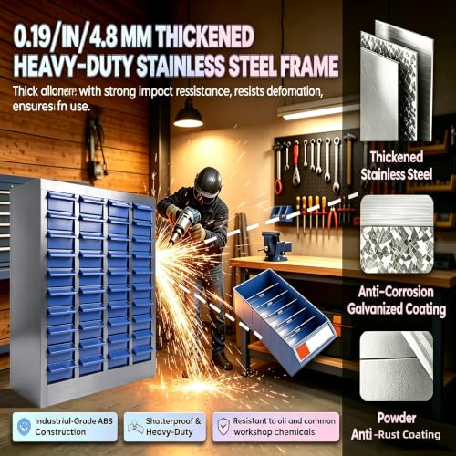 40 Drawer Alloy Steel Nut and Bolt Organizer, Tool Cabinet with Label Slots & Dividers. Single Drawer 7.8" L x 3.9" W x 2" H. for Workshops & Home Garages.