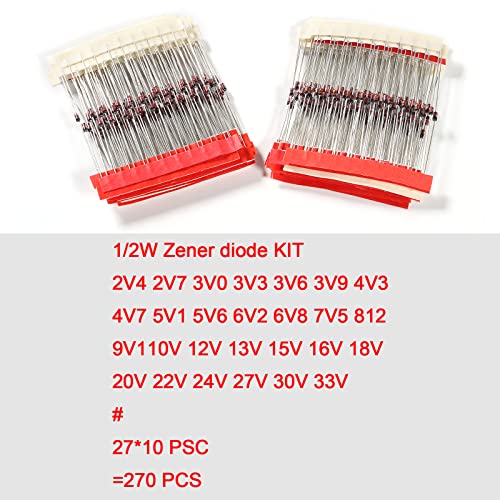 27 Value 270pcs 1/2W Zener Diodes Assortment Kit 2.4V 2.7V 3.0V 3.3V 3.6V 3.9V 4.3V 4.7V 5.1V 5.6V 6.2V 6.8V 7.5V 8.2V 9.1V 10V 12V 13V 15V 16V 18V 20V 22V 24V 27V 30V 33V - style: 270pcs