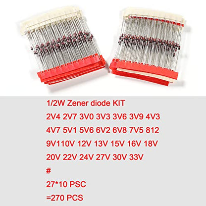 27 Value 270pcs 1/2W Zener Diodes Assortment Kit 2.4V 2.7V 3.0V 3.3V 3.6V 3.9V 4.3V 4.7V 5.1V 5.6V 6.2V 6.8V 7.5V 8.2V 9.1V 10V 12V 13V 15V 16V 18V 20V 22V 24V 27V 30V 33V - style: 270pcs