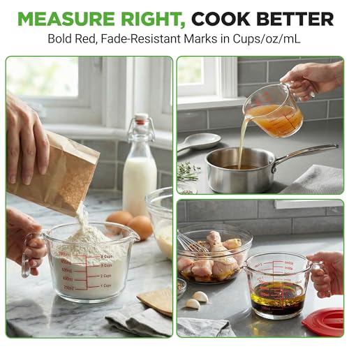 NutriChef 1,2 and 4 Cups Glass Measuring Cup Set with Lids (8, 17 and 34 oz) - Heat-Resistant Borosilicate Liquid Measure Cups with Easy-Read Scale for Cooking, Baking & Food Storage, Dishwasher Safe - size: 3 pc set with lids
