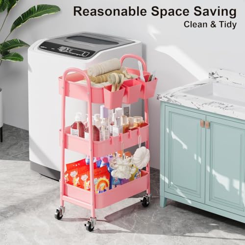 3 Tier Metal Rolling Cart with Lockable Wheels, Three Tiered Storage Carts - color: Fashion Pink, size: 3 tier