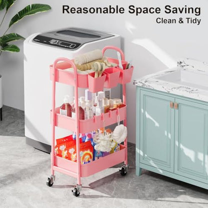 3 Tier Metal Rolling Cart with Lockable Wheels, Three Tiered Storage Carts - color: Fashion Pink, size: 3 tier