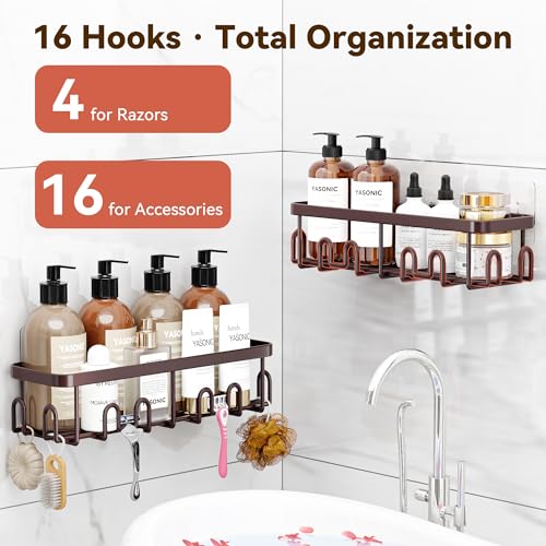 YASONIC Shower Caddy Adhesive, Rustproof Shower Organizer, Wall Shower Rack - color: Bronze