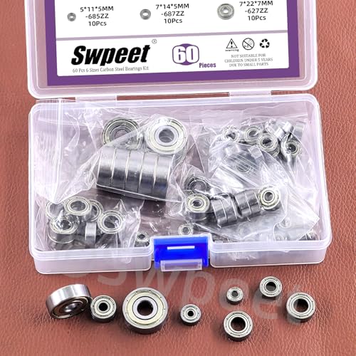 Swpeet 60Pcs 6 Sizes 693ZZ, 623ZZ, 624ZZ, 685ZZ, 687ZZ,627ZZ Ball Bearings Assortment Kit, Carbon Steel Deep Groove Bearings, Double Shielded Bearings, Small Bearing
