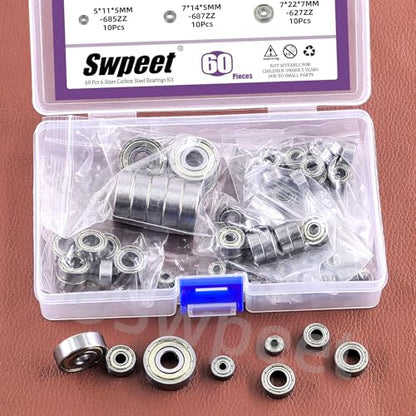 Swpeet 60Pcs 6 Sizes 693ZZ, 623ZZ, 624ZZ, 685ZZ, 687ZZ,627ZZ Ball Bearings Assortment Kit, Carbon Steel Deep Groove Bearings, Double Shielded Bearings, Small Bearing
