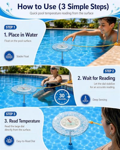 Glow Dial Floating Pool Thermometer Easy Read - Glitter Water Temp Gauge - color: Pool Thermometer - Blue