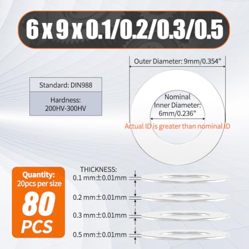 Shim Washer 6 x 9 Precision Spacers Kit 80 Pcs 0.1/0.2/0.3/0.5mm Thick - size: 6 x 9 x 0.1/0.2/0.3/0.5mm