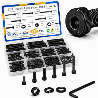 320PCS M4 Screws Kit, M4x25/30/35/40/45/50mm Hex Socket Head Cap Bolts Nuts Washers Assortment Set, 12.9 Grade Alloy Steel Black Oxide, M4 Metric Screw for 3D Printer, DIY& Repairs - size: M4 320pcs