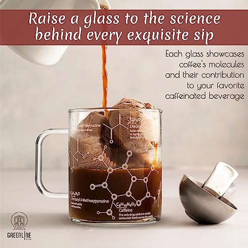 Greenline Goods Glass Coffee Mug - 16 oz Tumbler Science of Coffee Glass (Set of 2) - Etched with Coffee Chemistry Molecules