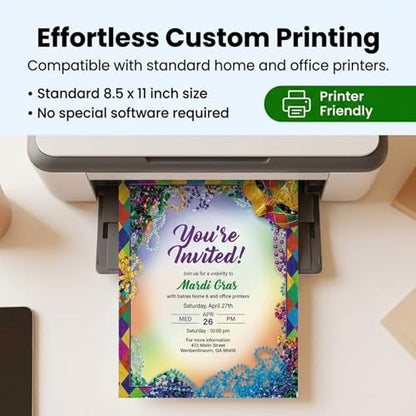 PaperDirect Bourbon Street Mardi Gras Border Paper, Multicolor Harlequin Glitter Print with Mask and Beads Design, 8.5 x 11, Acid-Free, Stationery for Party Invitations, Cards, 25 Sheets - color: Bourbon Street