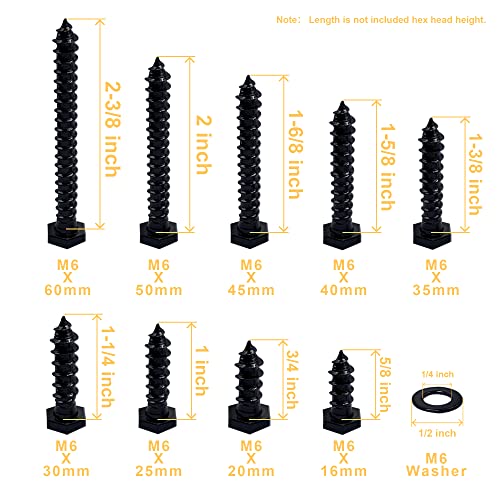 Hex Lag Bolts 112PCS M6 Hex Head Lag Screws Washers Assortment Kit Fully Thread Heavy Duty Hexagon Wood Screw Zinc Plated Black Metric Length Include 16/20/25/30/35/40/45/50/60mm
