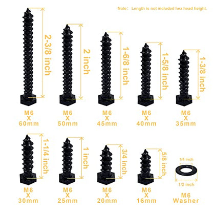Hex Lag Bolts 112PCS M6 Hex Head Lag Screws Washers Assortment Kit Fully Thread Heavy Duty Hexagon Wood Screw Zinc Plated Black Metric Length Include 16/20/25/30/35/40/45/50/60mm
